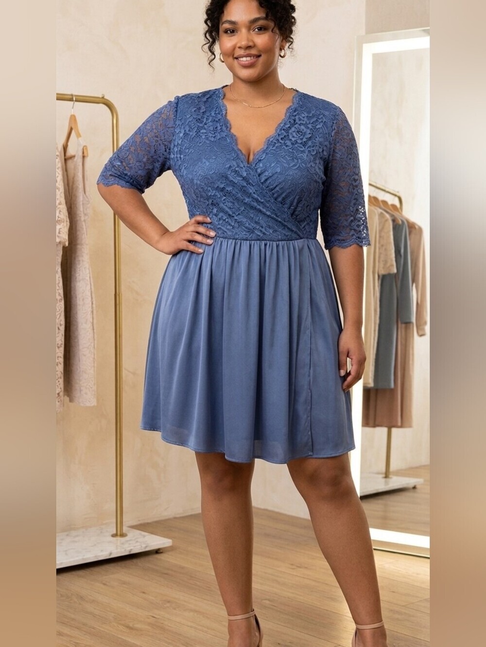 Nemidor Women's Half Sleeve V Neck Dress NWT Sz 22 Blue Lace Detail